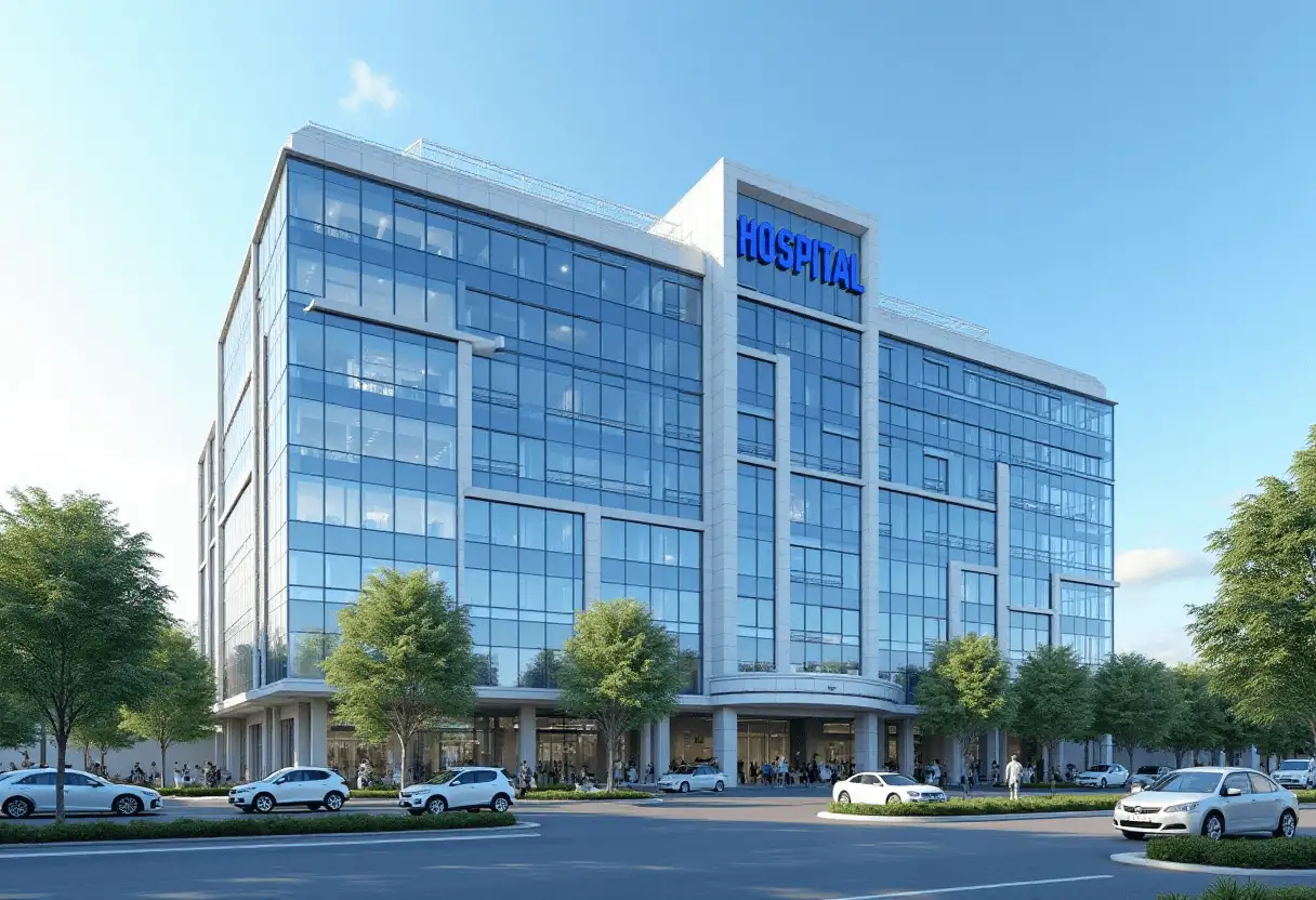 Modern hospital building with blue glass facade