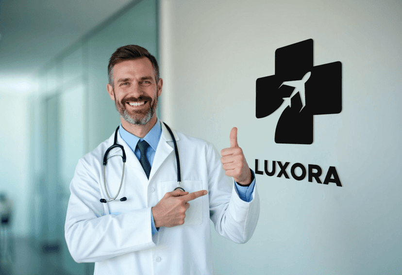 Medical professional with Luxora logo